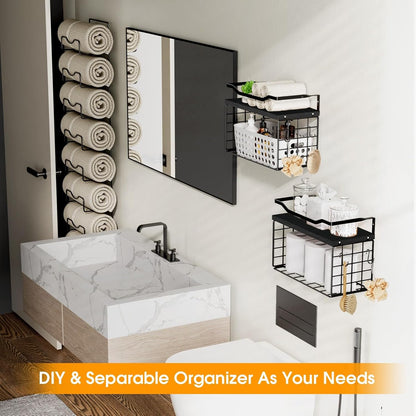 Towel Racks for Bathroom,Towel Rack Wall Mounted, 6 Tier Rolled Or Folded Towel Holder with Floating Shelves, Bathroom Towel Holder for Bath, Hand Towels,Metal and Wood