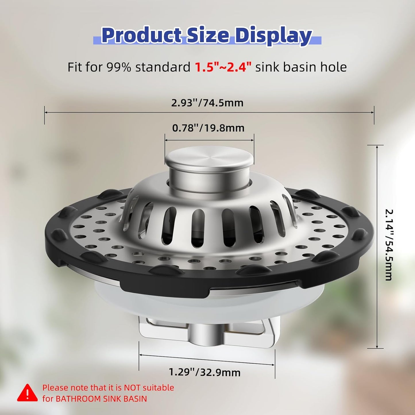 Universal Bathtub Drain Stopper Shower Drain Hair Catcher, Tub Stopper with Visible Top Strainer, Upgraded 3 in 1 Pop-up Drain Plug Fit for 1.5 to 2.4" Hole, Stainless Steel Filter Basket, Chrome