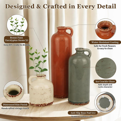 TBWIND Ceramic Vases Set of 3, Neutral Pottery Rustic Farmhouse Flower Vase | Small Decorative Flower Vases Modern Home Decor for Table Mantel Entryway Bookshelf Living Room Kitchen Bedroom