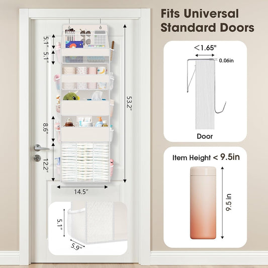 WISELIFE 5-Tier Over the Door Organizer for Hanging - 50LB Heavy-Duty Back of Door Organizer with 5 Spacious Pockets & 13 Mesh Pockets, Multipurpose Storage for Nursery, Bedroom, Closet(1 Pack, Gray)