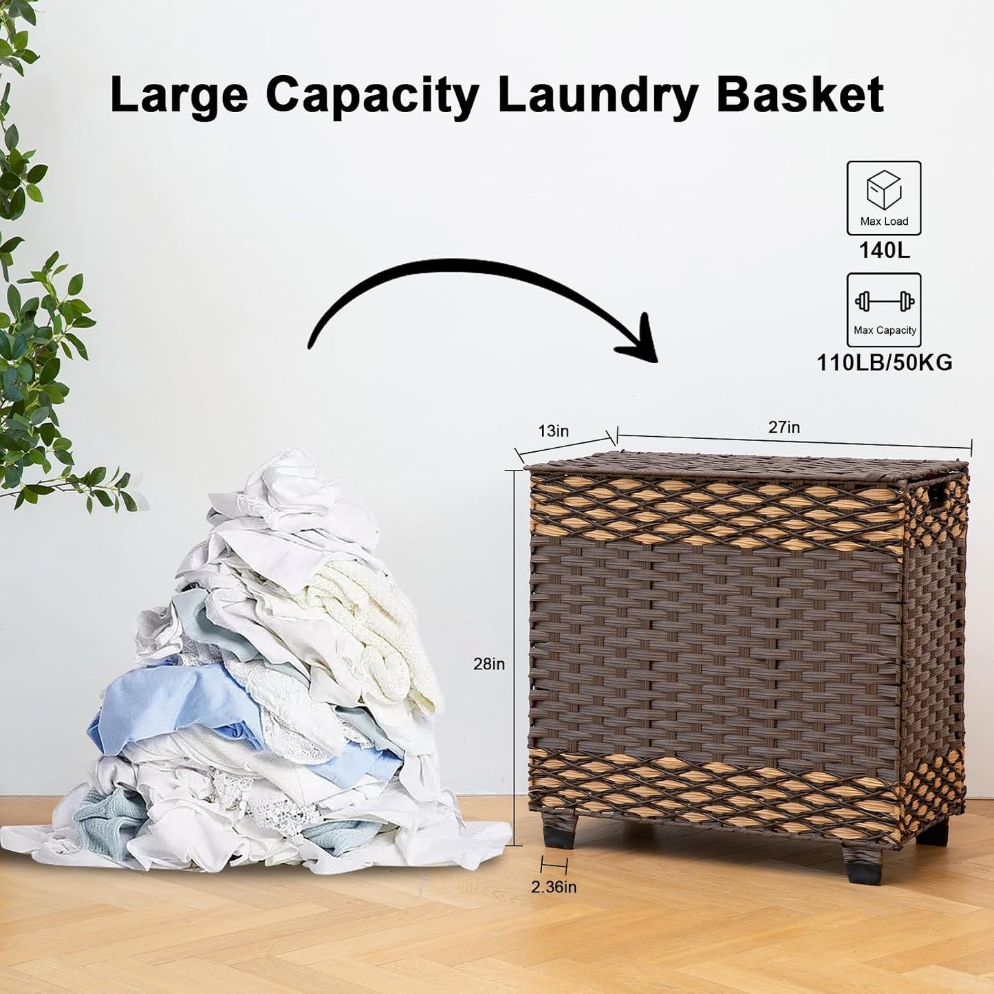 OIAHOMY Laundry Hamper with Lid, 140L Clothes Hamper with 3 Removable Liner Bags, Foldable Basket with Lid, Synthetic Wicker Laundry Basket for Bedroom, 27x 13 x 26 Inches, Yellow