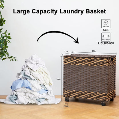 OIAHOMY Laundry Hamper with Lid, 140L Clothes Hamper with 3 Removable Liner Bags, Foldable Basket with Lid, Synthetic Wicker Laundry Basket for Bedroom, 27x 13 x 26 Inches, Yellow