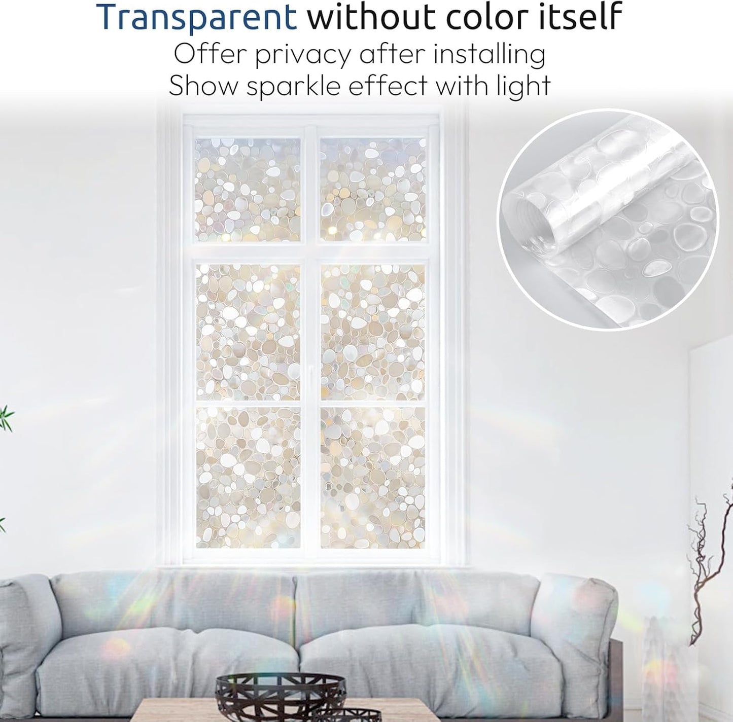 rabbitgoo Window Privacy Film, Frosted Glass Window Clings, Static Cling UV Heat Blocking Door Stickers for Home Bathroom, Removable Indoor Decal Coverings Day and Night, Pure, 17.5 x 78.7 Inches