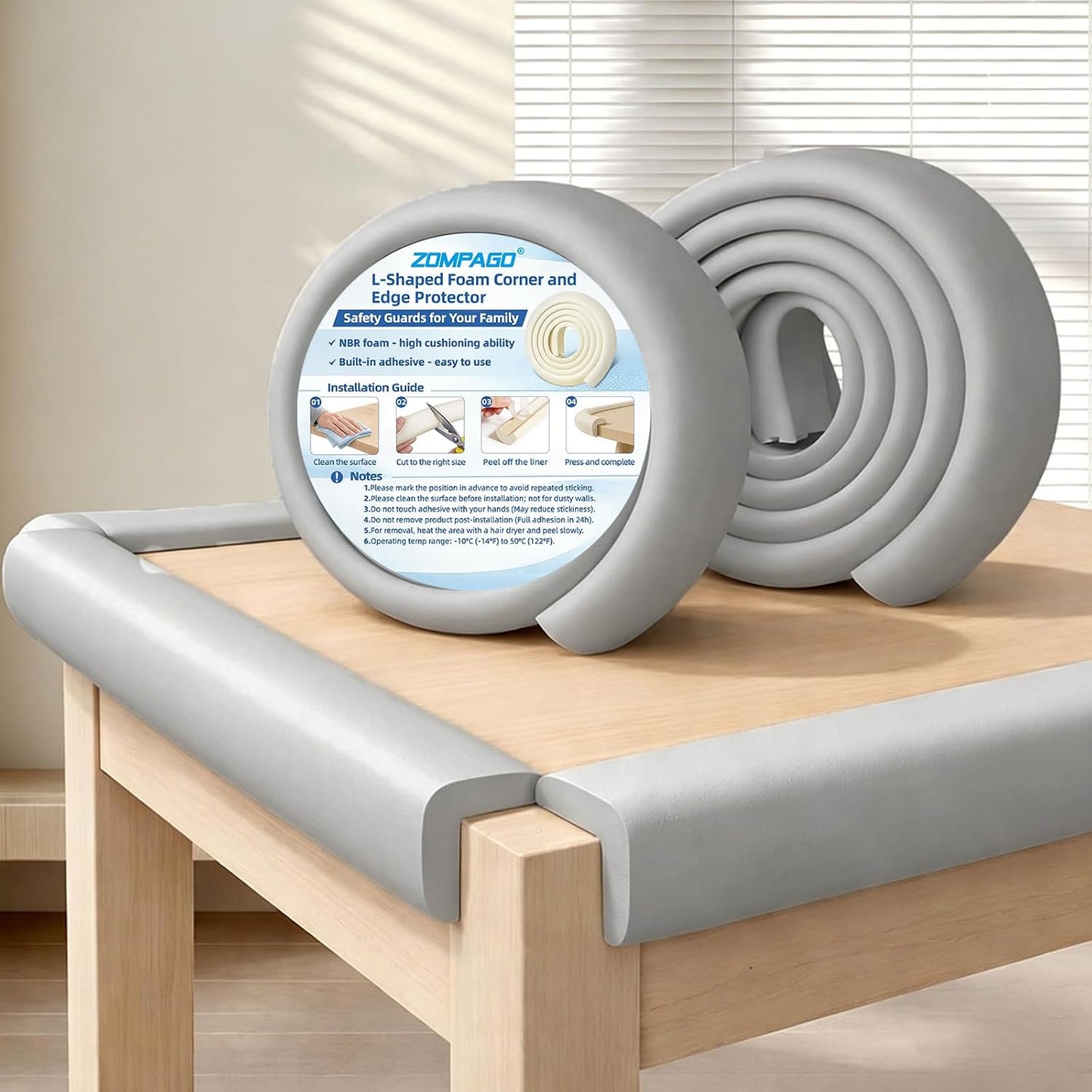 ZOMPAGO Baby Edge Protector Roll (6.56FT) & 8 Corner Guards - White Foam Furniture Corner Protectors - Baby Proof Corners and Edges for Table, Wall, Bed Frame - Baby Proofing Safety Bumpers