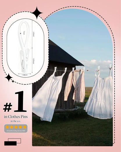 100 Pack Multi Purpose Laundry Hanging Clips with Rope, White - Strong Grip Hanging Clips for Baby Hangers, Pants, Socks, Towels & Closet Organization, Multi-Purpose Laundry Drying Hooks