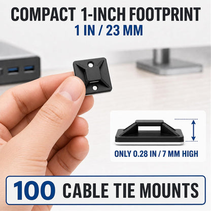100 PCS 1" Adhesive Cable Tie Mounts – Strong Sticky Back Nylon Wire Holders for Cable Management in Home, Office, Car & Christmas Lights (BLACK-100)