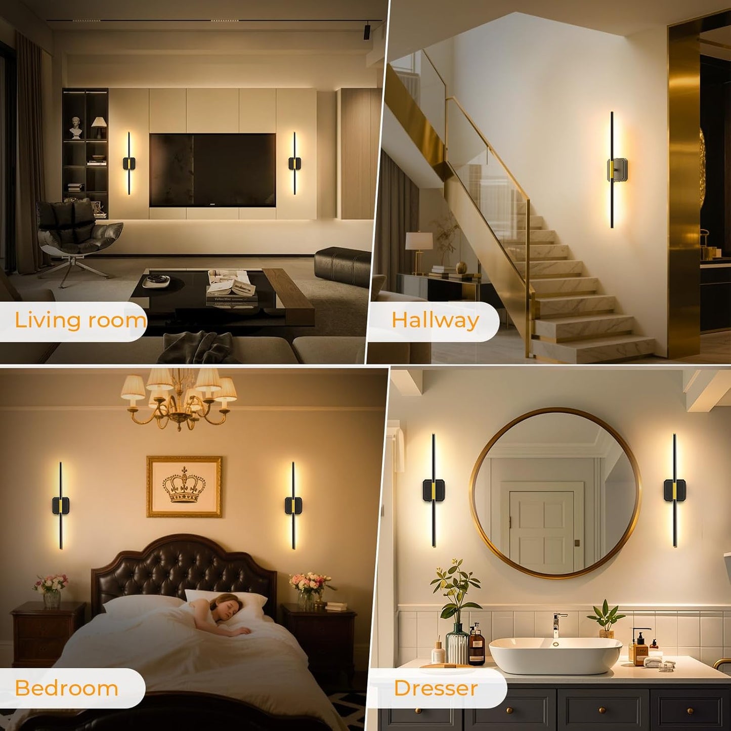 GvvooHome Battery Operated Wall Sconces Set of 2, Detachable 360°Rotate Wall Lamps, 3000-6500K Dimmable with Remote Control, 10000mAh Rechargeable Wall Light for Bedroom, Living Room, 28.3" Black Gold