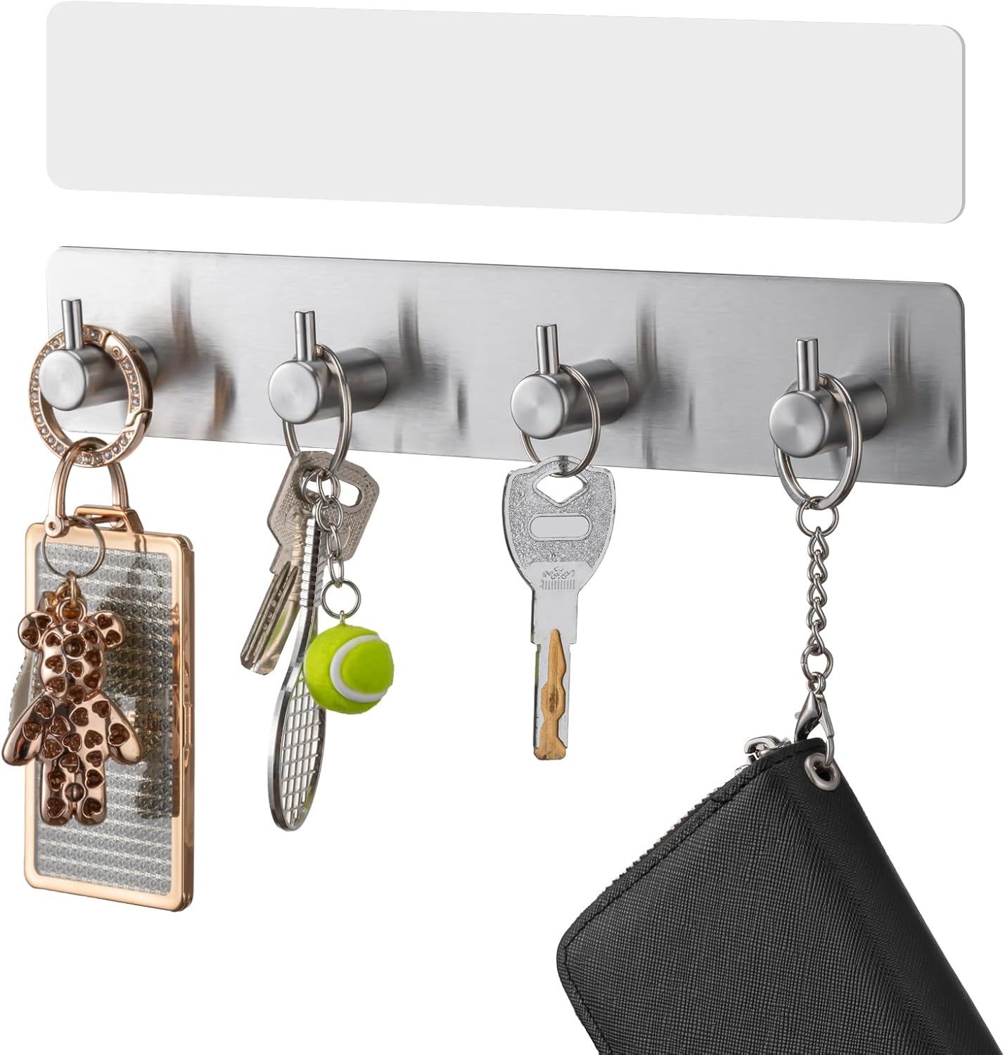 Key Holder with 4 Hooks,Key Hanger Organizer for Wall Mount with 2 Self-Adhesive Tapes,Metal Key Rack for Entryway, Door, Bathroom, Kitchen(Black)