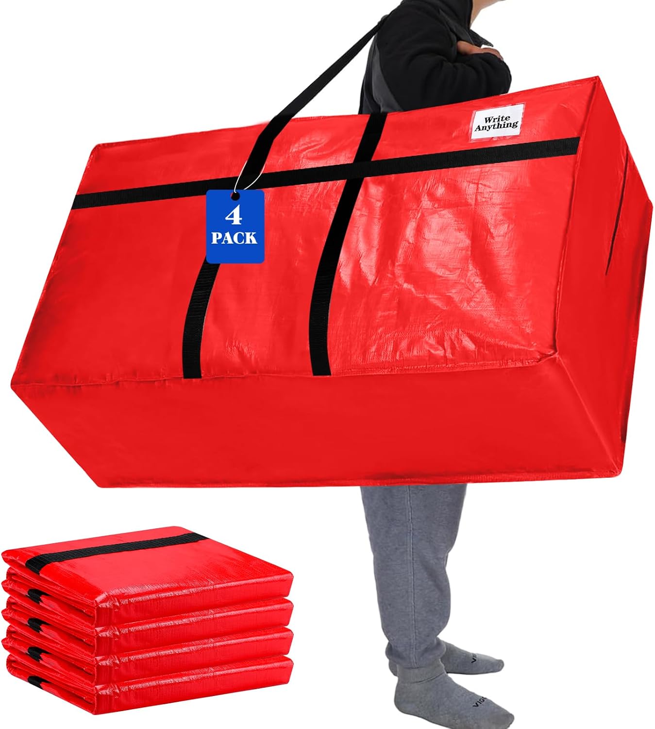 Windyun 4 Pack 57 Gallon Extra Large Moving Bags XXL Heavy Duty Storage Bag with Strong Zipper Handle Jumbo Big Tote Box Foldable for College Dorm Travel Clothes Duffle Blanket Pillow(Red)