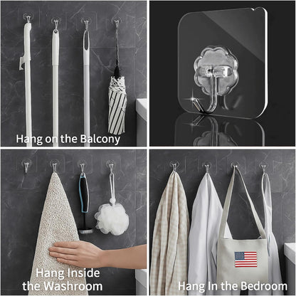 Heavy Duty Adhesive Wall Hooks Large 24 Pack, Transparent, Waterproof, Damage-Free, Sticky Hook for Hanging Upto 50lbs, No Tools Required, no Drill, for Kitchen, Shower, Tile etc.