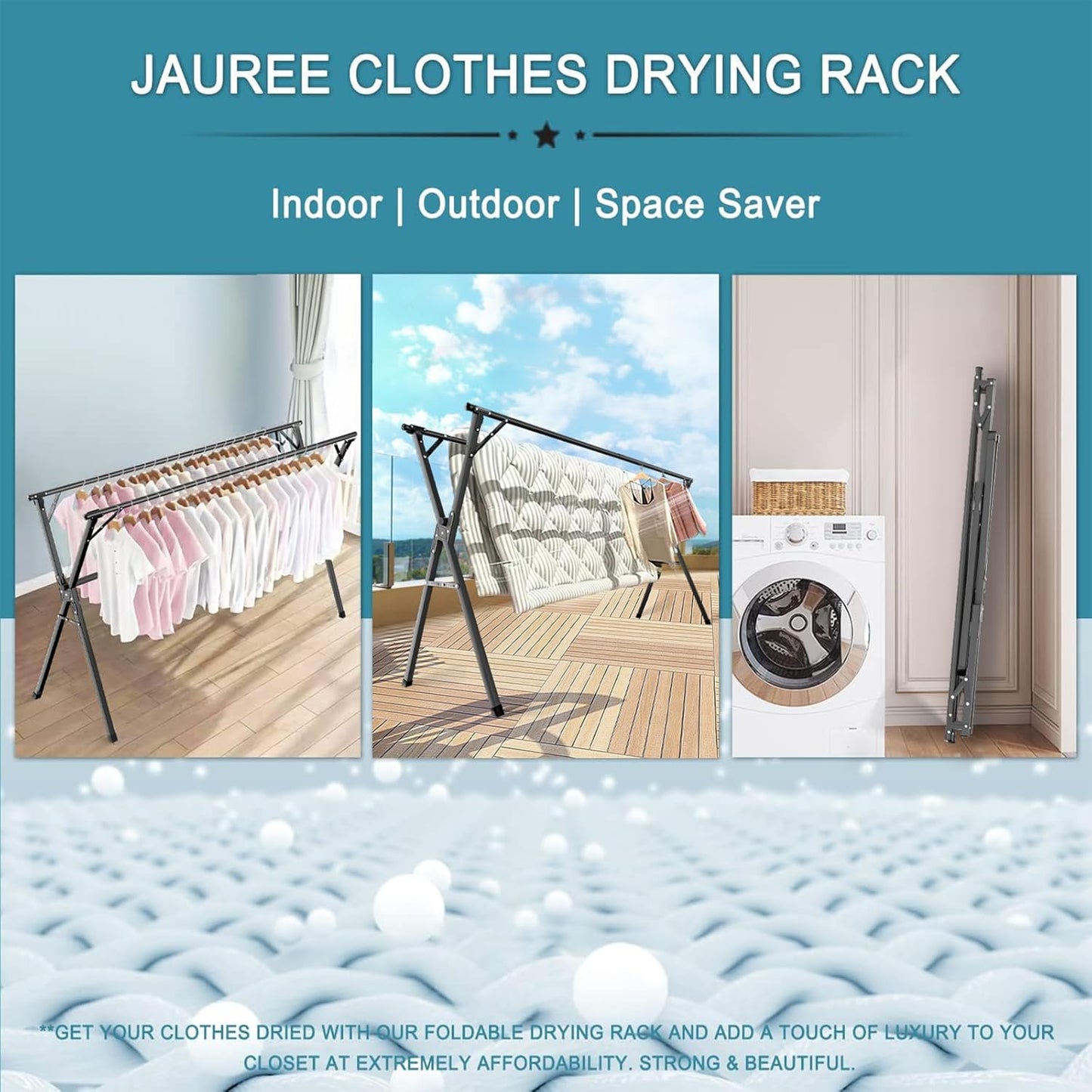 JAUREE 95 Inches Clothes Drying Rack, Drying Rack Clothing Folding Indoor Outdoor, Heavy Duty Stainless Steel Laundry Rack, Foldable Portable Large Clothes Rack Garment Rack with 20 Windproof Hooks