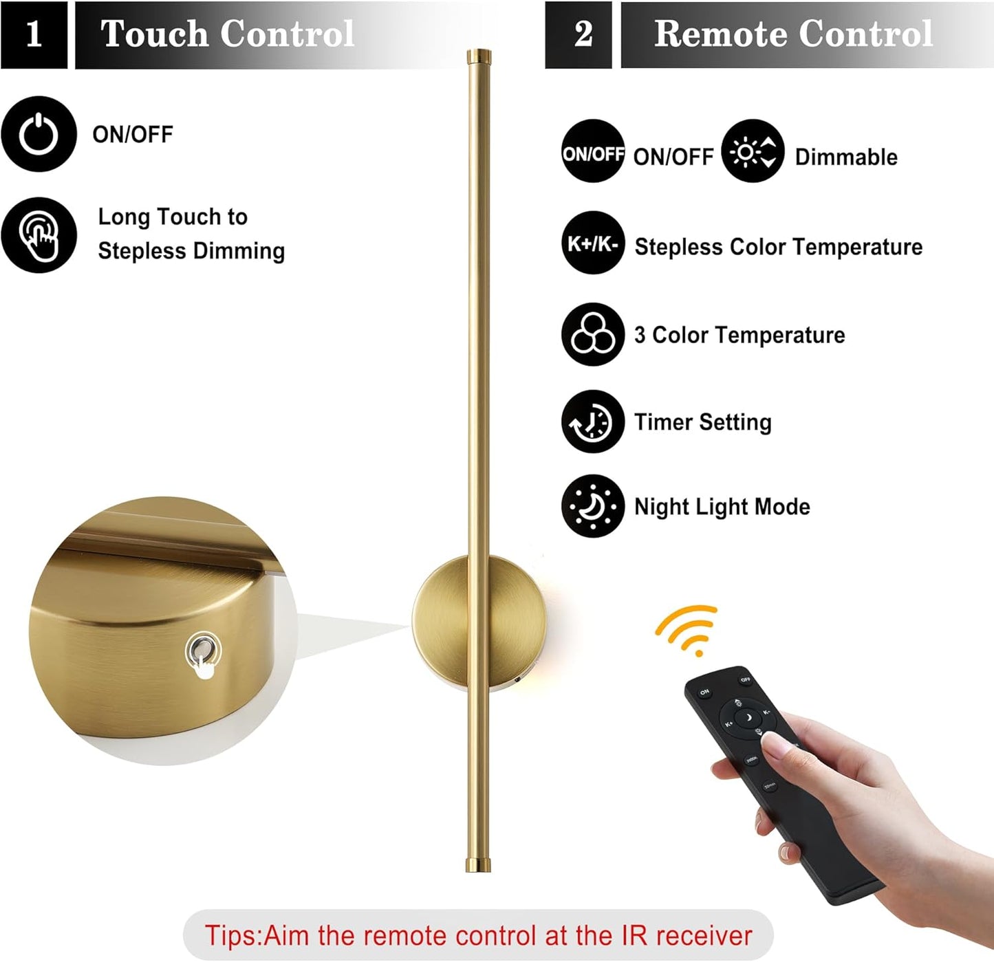 Battery Operated Modern Wall Sconces, Dimmable Wireless Wall Light Set of Two with Remote Control, 3 Color Temperatures, Rechargeable LED Wall Sconce for Bedroom, Living Room, Hallway, 23.6 Inch Brass