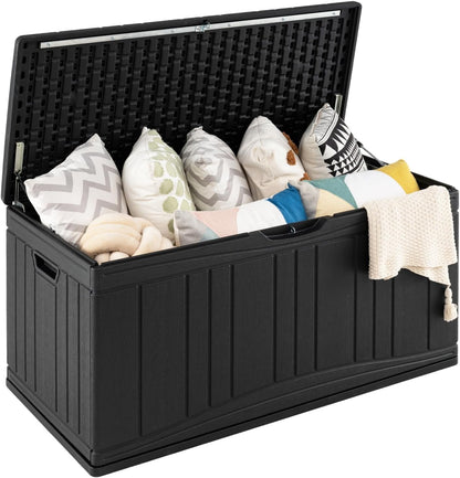 Tangkula 25 Gallon Waterproof Outdoor Storage Box with Lockable Lid | PP Resin, Wicker Patterned, Indoor Outdoor Use, Portable, Versatility, for Deck, Pool, Patio Cushions, Garden Tools