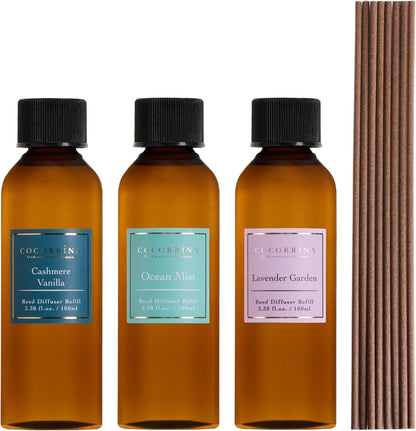 COCORRÍNA Reed Diffuser Refill Set, 10.2oz Scented Oil Refill 3 Pack, Clean Linen, Ocean Mist, Eucalyptus & Moss, Long Lasting Oil Diffuser Refill with 18 Sticks for Bathroom & Bedroom