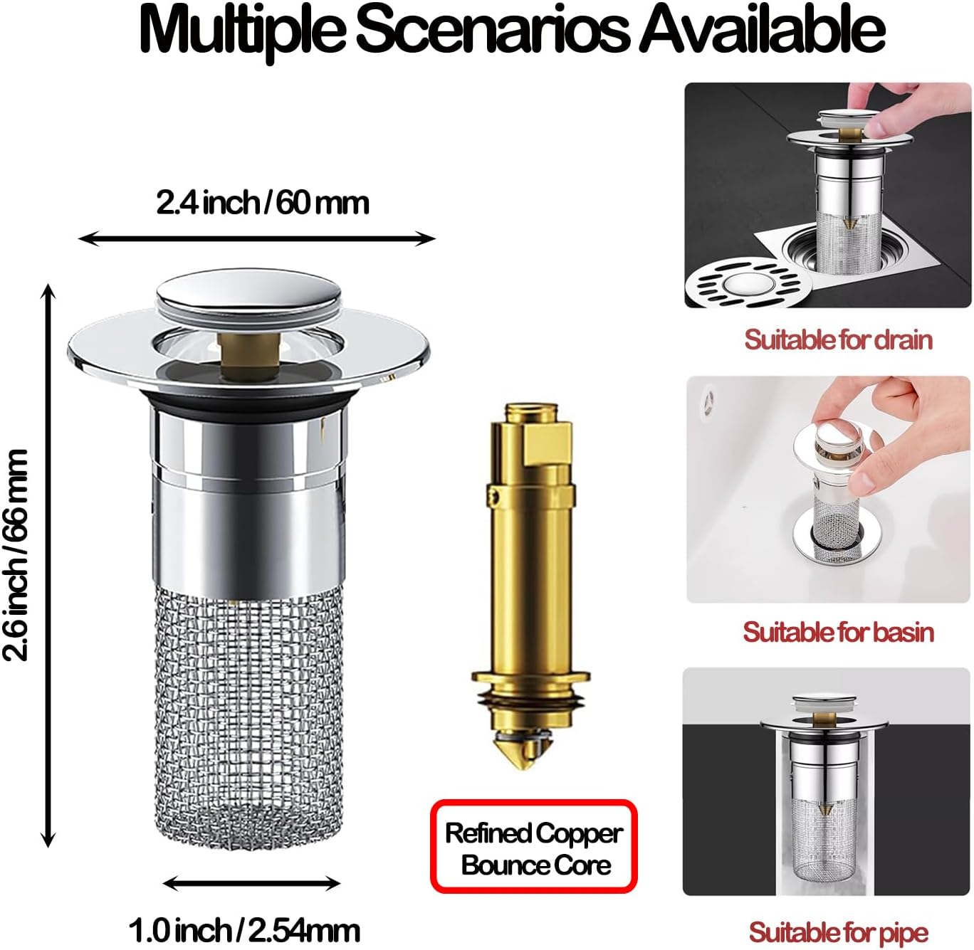 Pop Up Bathroom Sink Drain Strainer Hair Catcher, Sink Drain Stopper with Removable Stainless Steel Filter Basket, for US Universal Bathroom Kitchen Basin Sink Stopper Replacement, Silver