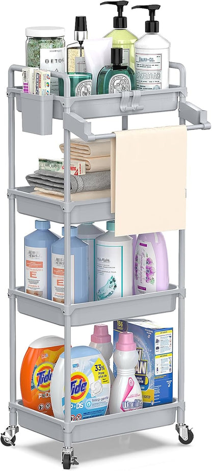SPACEKEEPER Rolling Storage Cart, 4-Tier Bathroom Organizer Utility Cart Laundry Room Organization Mobile Shelving Unit with Towel Rack, Lockable Wheel, Hooks & Cup for Kitchen Bedroom Office, White