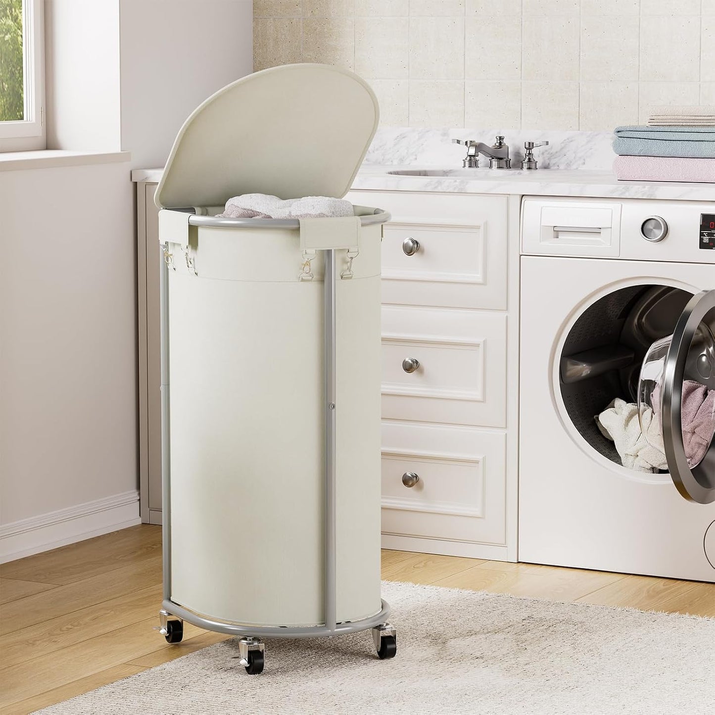 200L Double Laundry Hamper with Lid and Wheels, Large Oval Rolling Laundry Basket 2 section, Sturdy Metal Laundry Cart with 2 Removable Bags, Dirty Clothes Organizer for Home, Dorm, Black