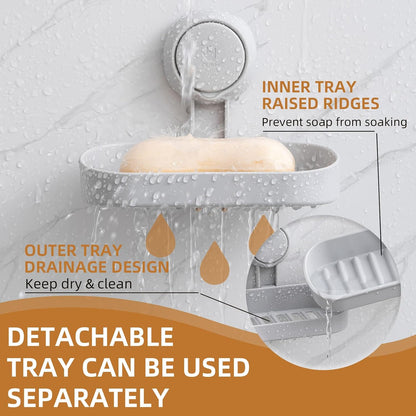 LEVERLOC Soap Dish Holder for Shower Suction Cup Wall Mounted Self Draining NO-Drilling Removable Bar Soap Sponge Holder for Bathroom Bathtub Kitchen Sink Waterproof Strong Vacuum Suction Adhesion