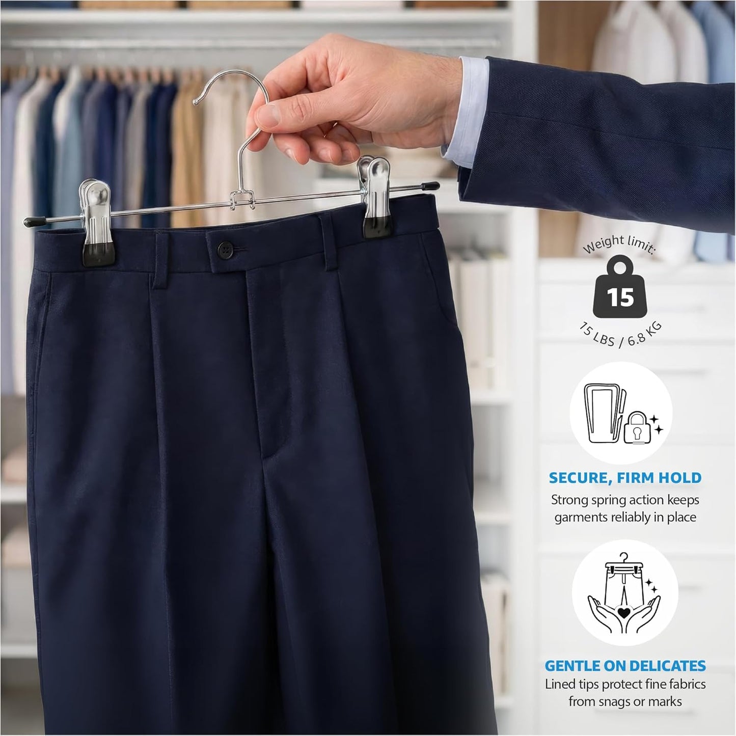 ZOBER Metal Pants Hangers with Clips - Pack of 20 Space Saving Skirt Hangers for Women - Chrome, Non-Slip, Adjustable Clips, for Pants, Skirts, Jeans Closet Organization, College Dorm Essentials