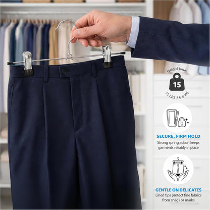 ZOBER Metal Pants Hangers with Clips - Pack of 20 Space Saving Skirt Hangers for Women - Chrome, Non-Slip, Adjustable Clips, for Pants, Skirts, Jeans Closet Organization, College Dorm Essentials
