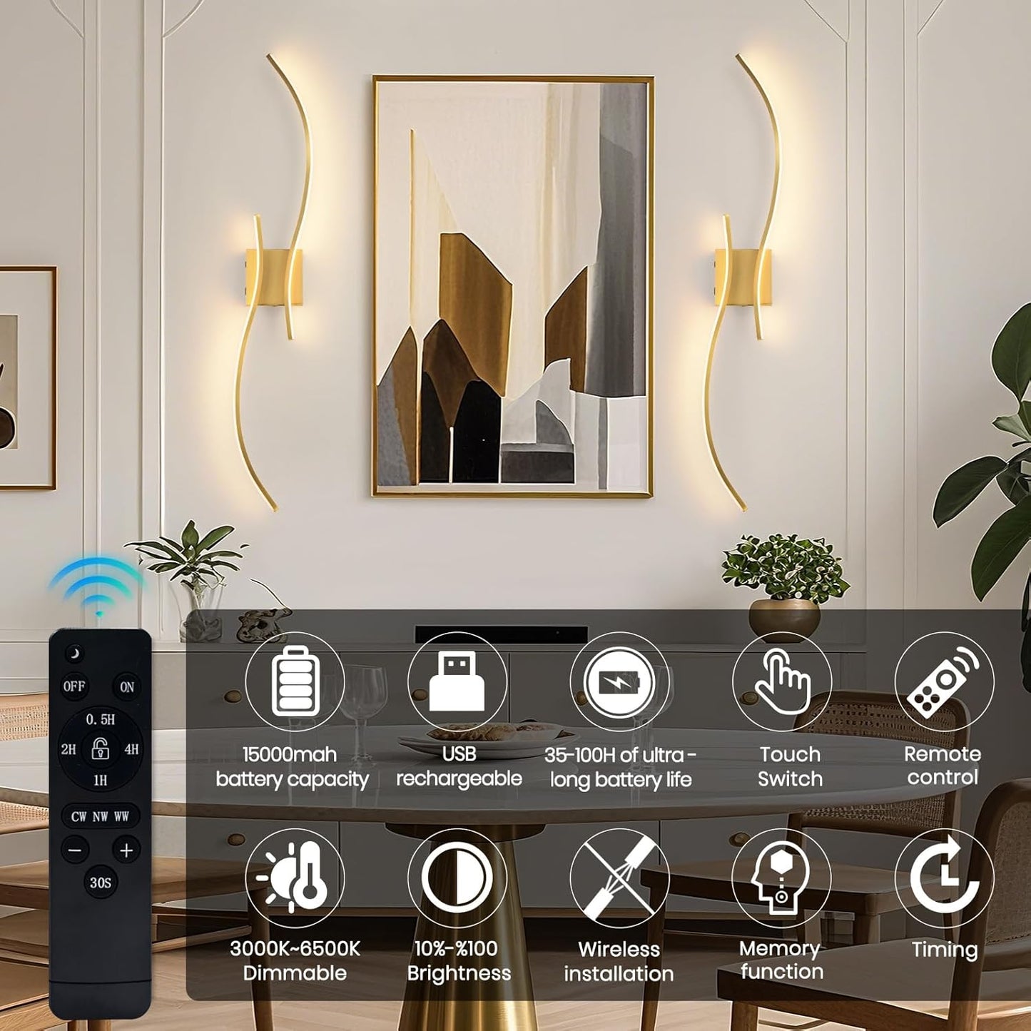 CANEOE Battery Operated Wall Sconce Set of 2, 18000mAh Gold Rechargeable Wall Lights with Remote Control,3000K-6000K Dimmable LED Wireless Wall Light for Living Room Bedroom Hallway,39.3 Inch (Gold)