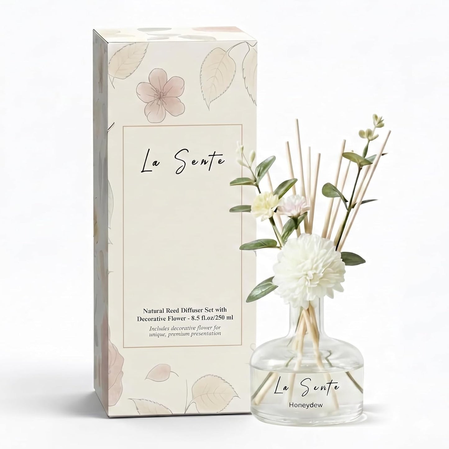 Reed Diffuser Set 8.5 fl oz / 250 ml Glass Bottle with Decorative Flower & Natural Reeds Flameless Home Fragrance for Bathroom Bedroom Office Honeydew Scent