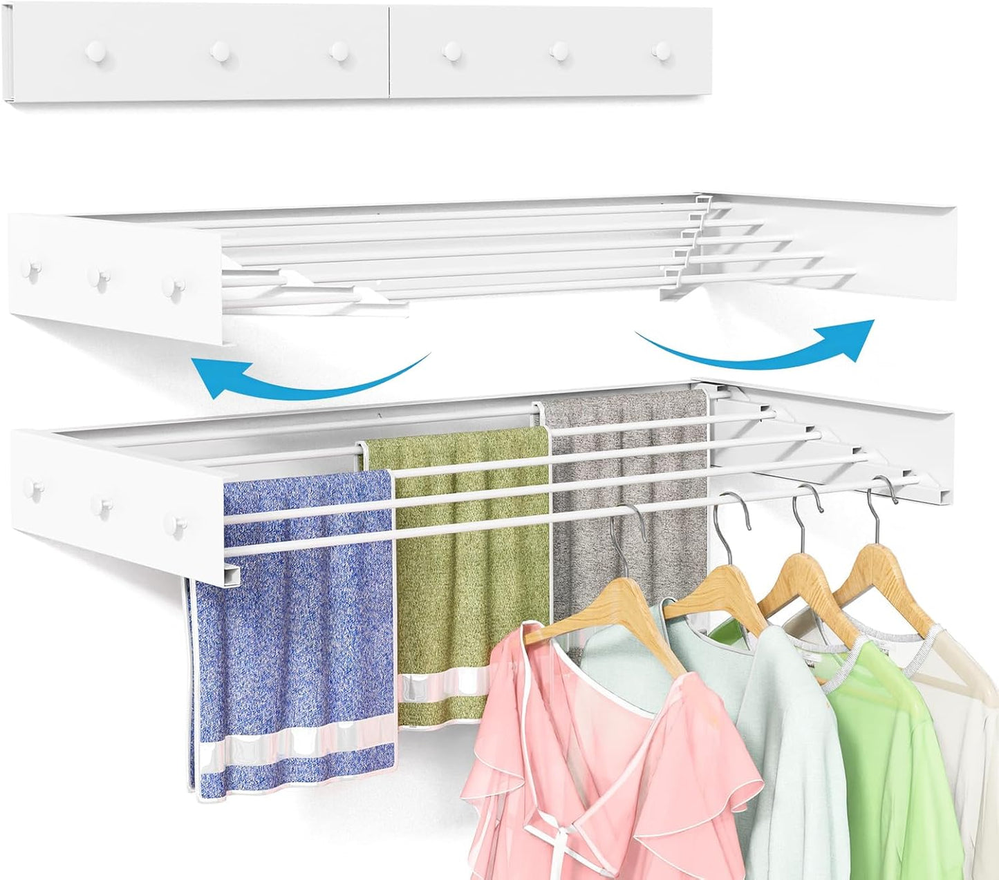 Wall Mounted Drying Rack 23.6'', Foldable Laundry Drying Rack Wall Mount with 4 Towel Hooks and 4 Rods, Space Saving Drying Rack Clothing for Indoor Outdoor Bathroom Balcony (White, 23.6'')