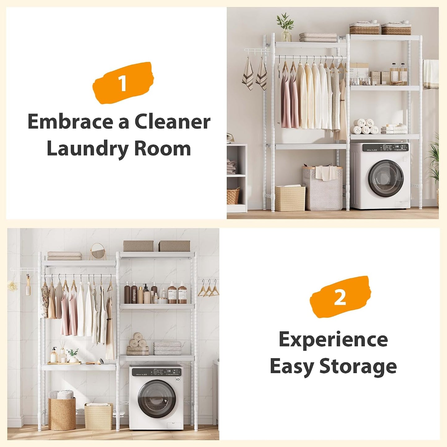 IDEALHOUSE 28" Over-The-Washer Shelf - 5-Tier Heavy Duty Laundry Organizer with Shelf Capacity, Double Wood Shelves for Stackable Units (White)