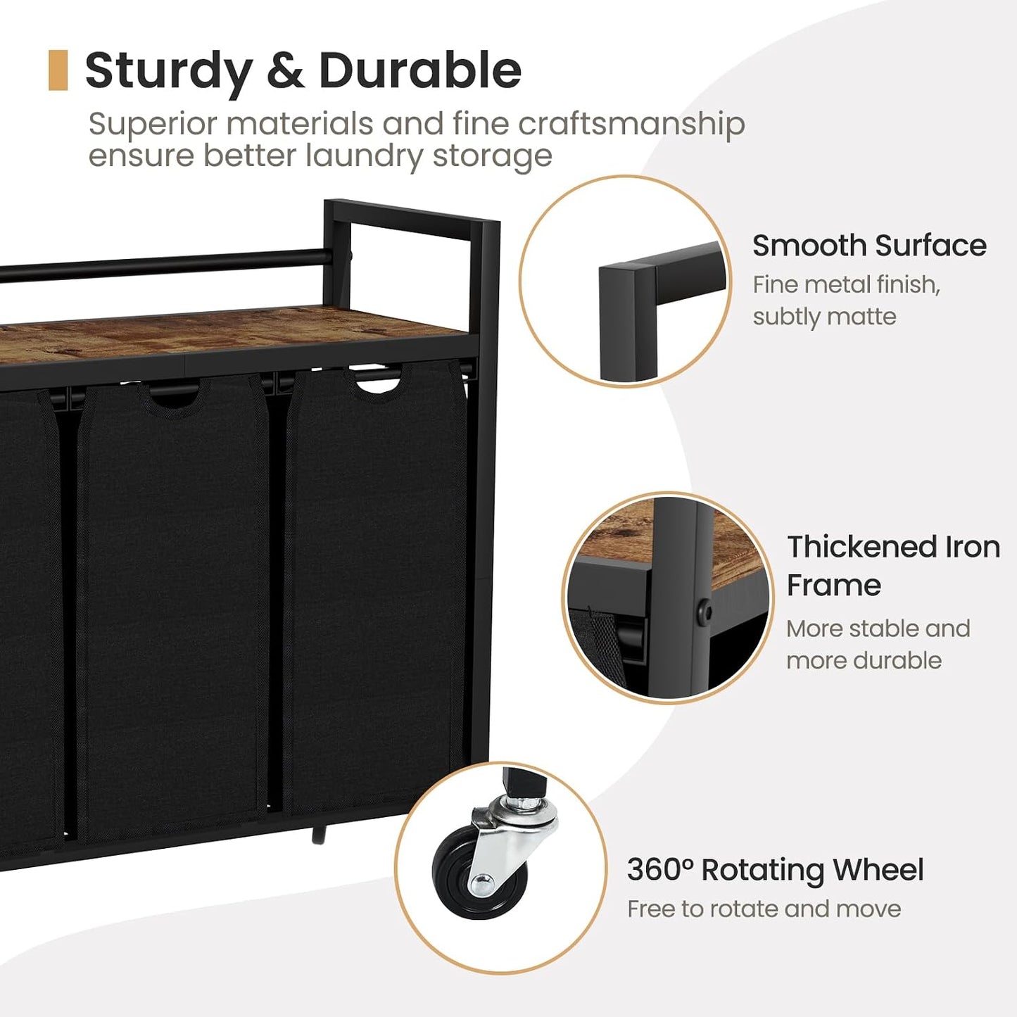 SwaaVee Laundry Sorter, Laundry Hamper 3 Section, 3×11.4Gal, Metal Frame Rolling Laundry Basket with Wooden Top Shelf, Pull out and Removable Laundry Bags, 3 Bags-Gray