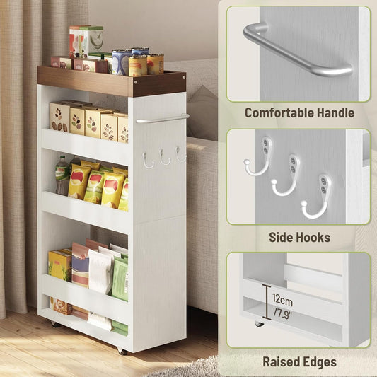 Slim Storage Cart, 4-Tier Rolling Utility Cart with Handle | Slide Out Organizer Trolley, Space Saving Narrow Shelf for Kitchen, Bathroom, Laundry Small Corners