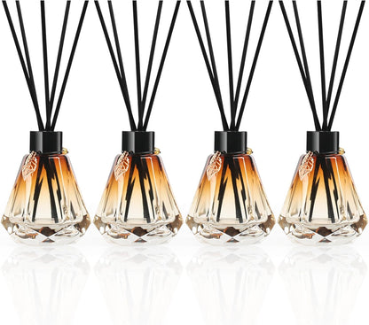 Reed Diffuser Set - 4 Empty Bottles with 20 Sticks, Delicate Gold Leaf Decor, Glass Fragrance Diffuser with Lids for Home, Bathroom | Refillable, Diamond Style (4 PCS Black)