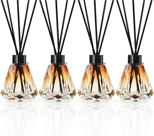 Reed Diffuser Set - 4 Empty Bottles with 20 Sticks, Delicate Gold Leaf Decor, Glass Fragrance Diffuser with Lids for Home, Bathroom | Refillable, Diamond Style (4 PCS Black)