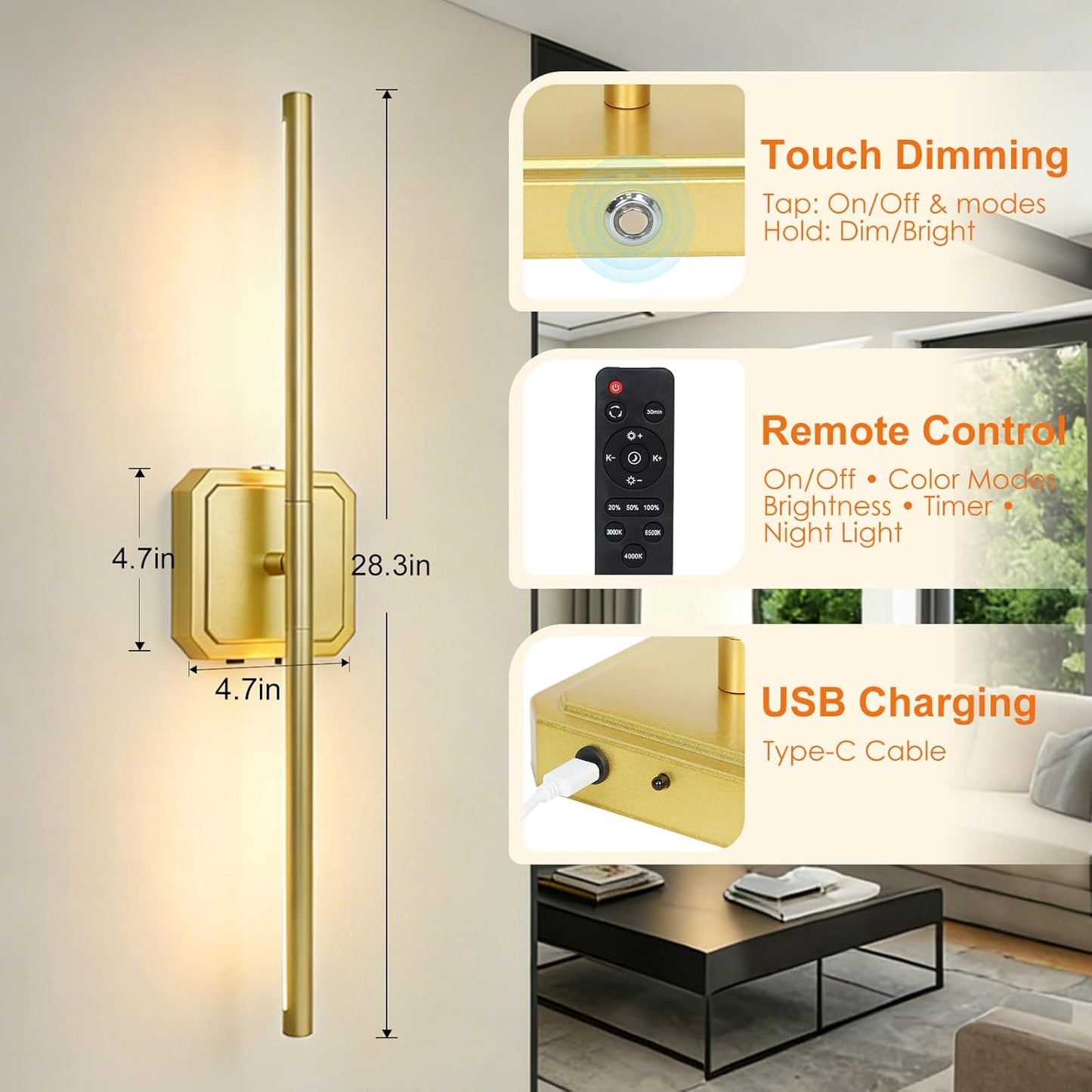 Battery Operated Wall Sconces Set of 2, 𝐔𝐩𝐠𝐫𝐚𝐝𝐞𝐝 Rechargeable Wall Lights with Remote Control, LED Wall Sconces Black, 3000K-6000K Dimmable 360° Rotatable for Living Room, Bedroom, 28''