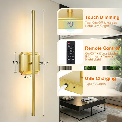 Battery Operated Wall Sconces Set of 2, 𝐔𝐩𝐠𝐫𝐚𝐝𝐞𝐝 Rechargeable Wall Lights with Remote Control, LED Wall Sconces Black, 3000K-6000K Dimmable 360° Rotatable for Living Room, Bedroom, 28''
