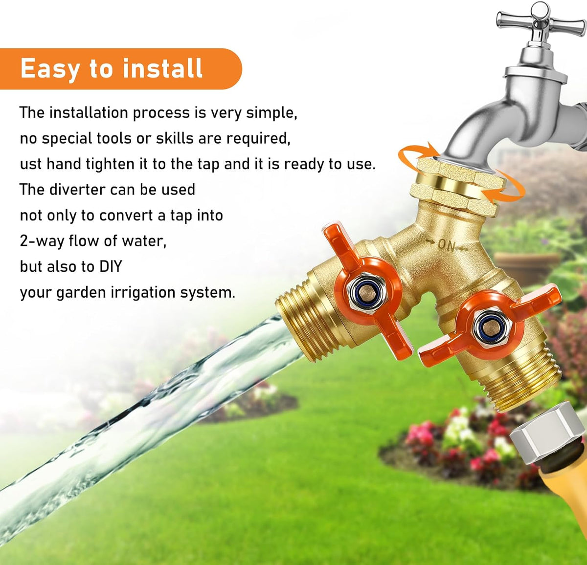 IPOW Upgrade Full Flow Garden Hose Splitter with Stainless Steel Handle, Brass Heavy Duty 2 Way Y Valve Garden Hose Splitter High Flow Spigot Splitter + 6 Rubber Hose Washers with Comfort Grip Use