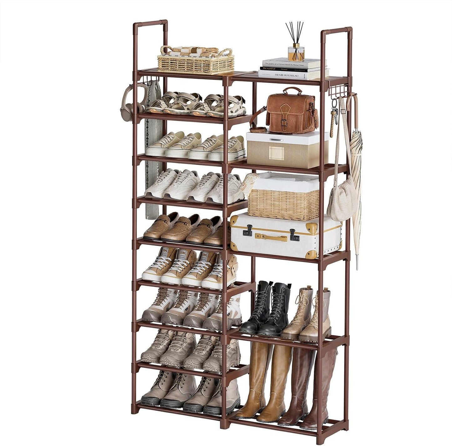 WOWLIVE 9 Tiers Large Shoe Rack Storage Organizer for Closet 50-55 Pairs Shoe Tower Unit Shelf Stackable Shoe Rack with Metal Pipes Plastic Connectors Black(SSS3B9)