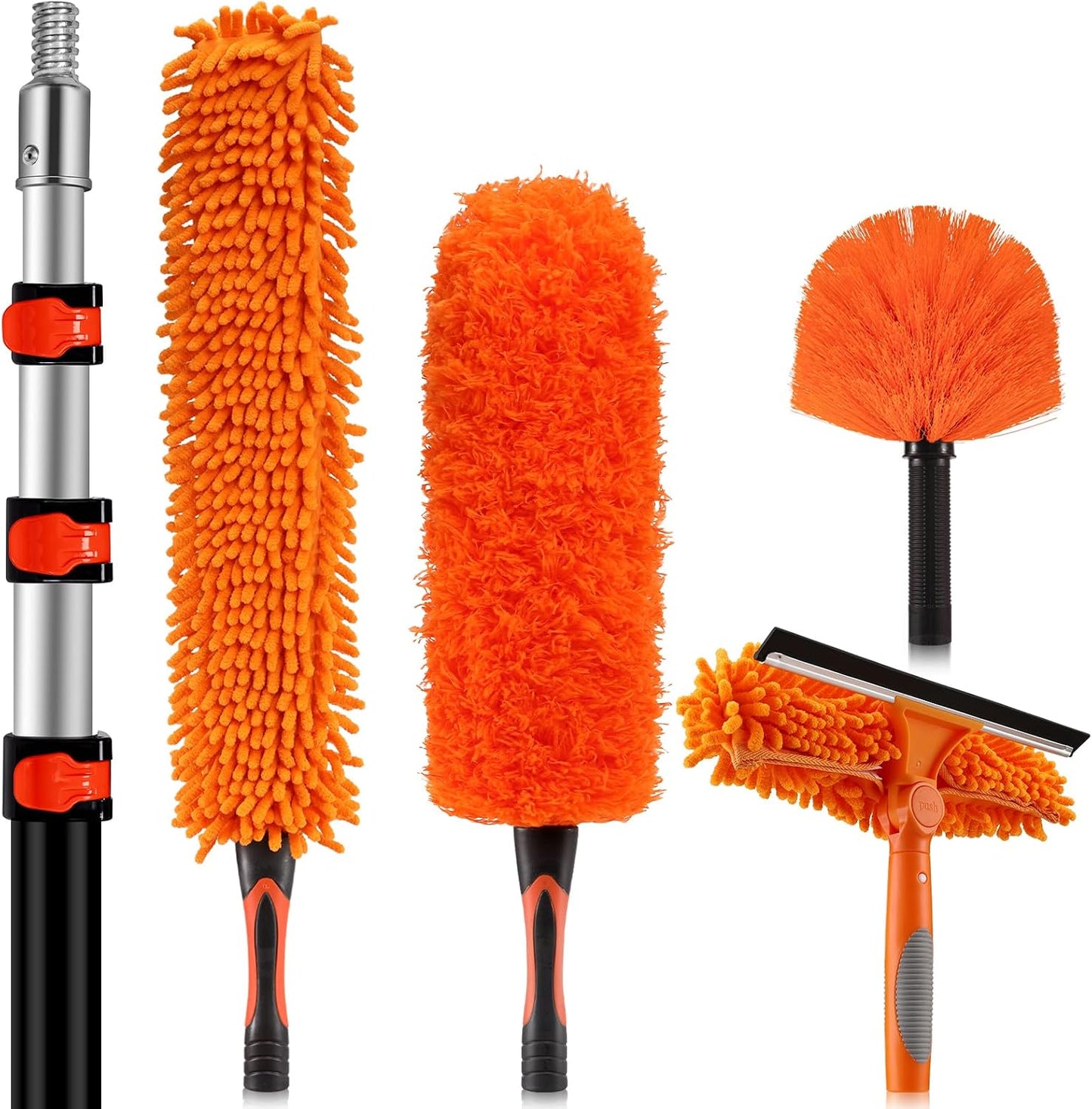 26ft High Reach Duster Kit with 5-20ft Heavy-Duty Extra Long Extension Pole, Vaulted Ceiling Cobweb Brush, Washable Ceiling Fan Duster, Microfiber Duster & Window Squeegee for Tall Ceiling