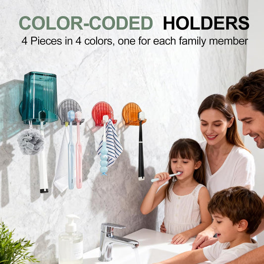 4 PCS Toothbrush Holders Wall Mounted, Elegant Design Fits Manual/Electric Toothbrush, and Towel, Toothbrush Holders for Bathrooms with Multiple Slots, Suitable for Family (4 Colors)