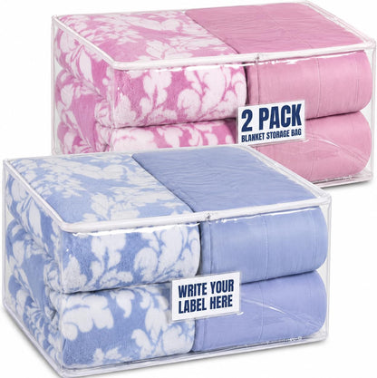 Masirs Clear Blanket Storage Bag (2-Pack) - Vinyl Clothing Organizers with Zipper & Label Pocket - Protects from Dust, Moisture & Dirt - Ideal for Underbed Storage Sheets, Comforters & Bedding