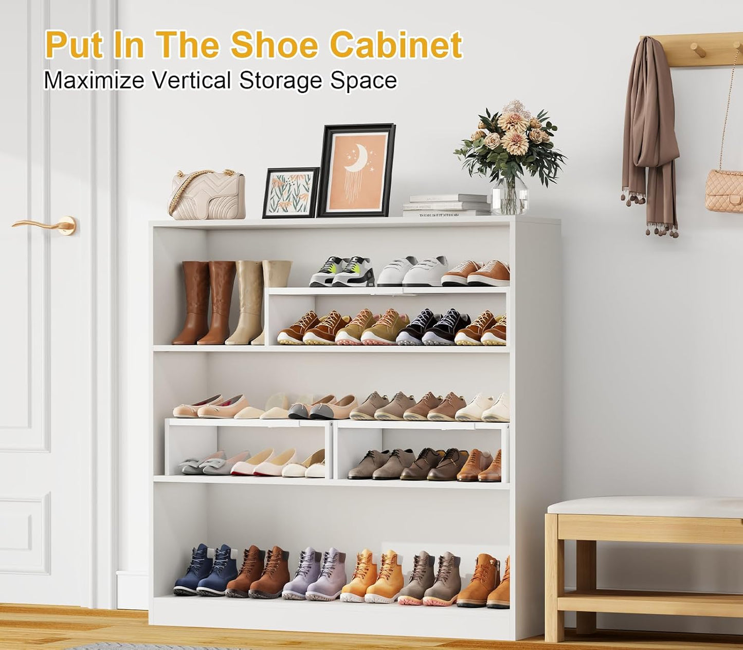White Shoe Rack Organizer for Closet, 2-Tier Expandable Shoe Shelf, Stackable Iron Wood Combination Small Shoe Racks Shelves for Closets, Entryway,Small Space,Hallway,Bedroom,Bathroom,6-12 Pairs