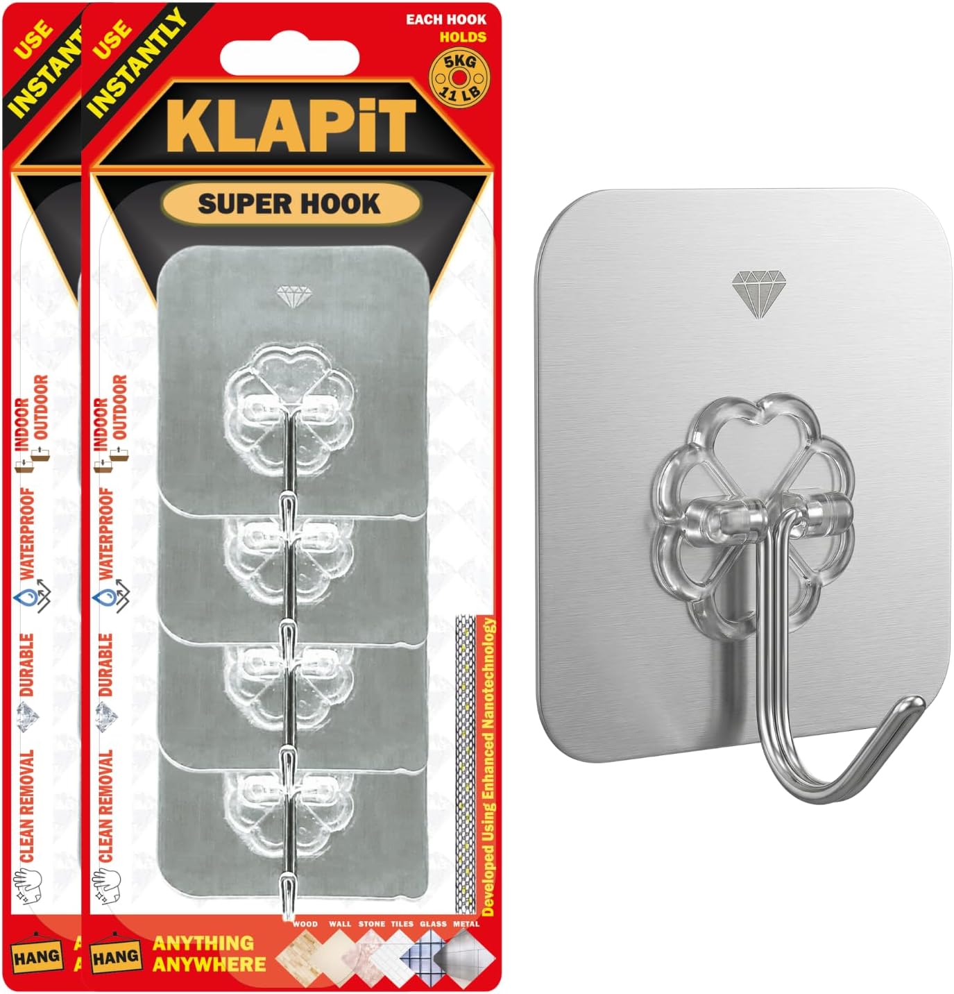 KLAPiT Super Hook - Heavy-Duty Adhesive Clear Wall Hooks Made of Stainless Steel, Holds up to 11 lbs, Waterproof, No Damage, Easy Install on Tile, Wood, Stone, Glass & Metal (Clear, 8pc)