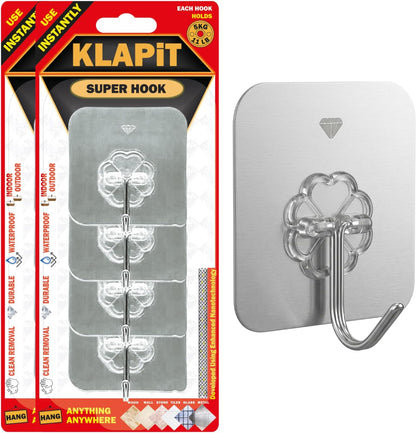 KLAPiT Super Hook - Heavy-Duty Adhesive Clear Wall Hooks Made of Stainless Steel, Holds up to 11 lbs, Waterproof, No Damage, Easy Install on Tile, Wood, Stone, Glass & Metal (Clear, 8pc)