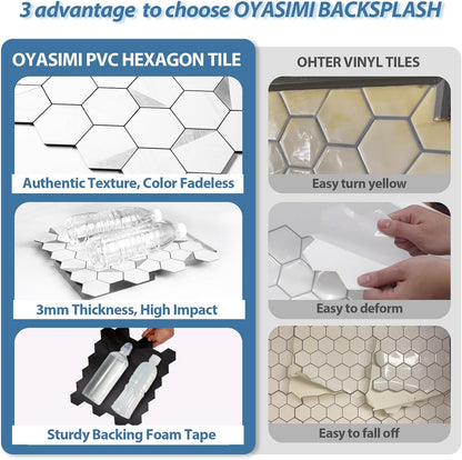 10-Sheet Heavy-Duty Hexagon Peel and Stick Backsplash, Thick Waterproof &Heat Resistant Stick on Wall Tiles, Slate Beige Mosaic for Kitchen & Bathroom, Strong Adhesive Permanent PVC Tiles