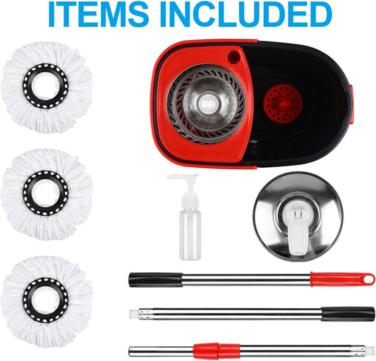 Spin Mop and Bucket with Wringer Set, 360° Rotating Head Mop Bucket System with 3 Microfiber Mop Refills Wet and Dry Suitable for Office and Home Use, Green (Black-Plus)