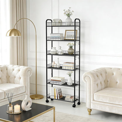 10in 6-Tier Slim Storage Cart with Wheels, Metal 10in Wide Black Narrow Rolling Shelf, Sturdy Slim Storage with Hooks Ideal for Kitchen, Bathroom, and Laundry Room
