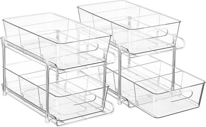 Vtopmart 2 Tier Bathroom Storage Organizer, 2 Pack Clear Under Sink Organizers Vanity Counter Container, Cabinet Drawers Bins, Pull-Out Organization with Track for Pantry, Kitchen