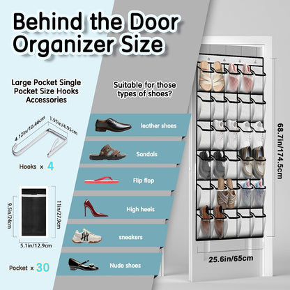 Kotkn Over the Door Shoe Organizer with 30 Breathable Mesh Pockets - Large Capacity Closet Storage for Men & Women, Hanging Shoe Rack Organizer (Gray)
