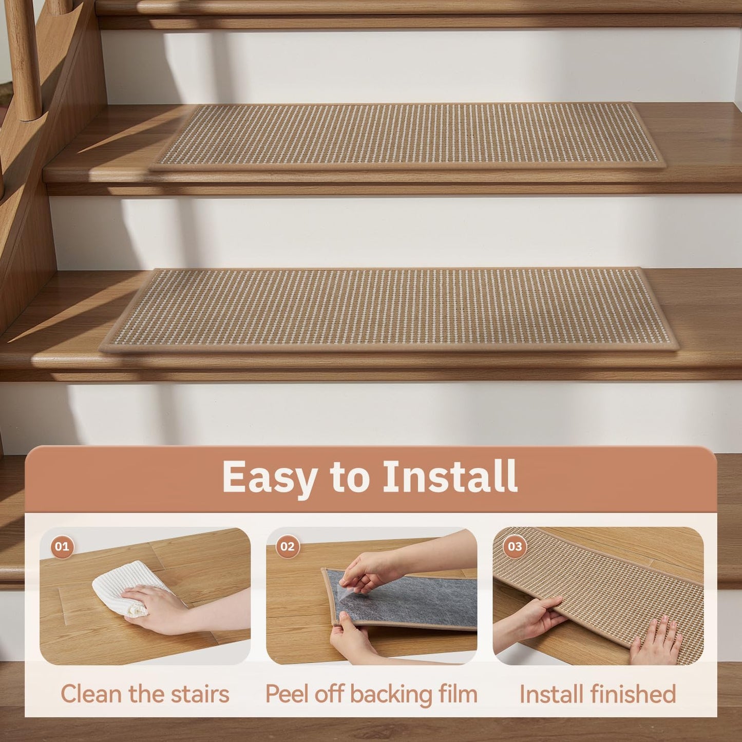1PC Jute Stair Treads for Wooden Steps-Stairs Carpet Non Slip-Peel and Stick Stair Treads Indoor, Adhesive Staircase Step Treads Residue Free, Durable Natural Stair Runner Rug,8"x30" Beige