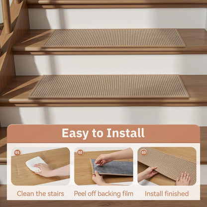 1PC Jute Stair Treads for Wooden Steps-Stairs Carpet Non Slip-Peel and Stick Stair Treads Indoor, Adhesive Staircase Step Treads Residue Free, Durable Natural Stair Runner Rug,8"x30" Beige