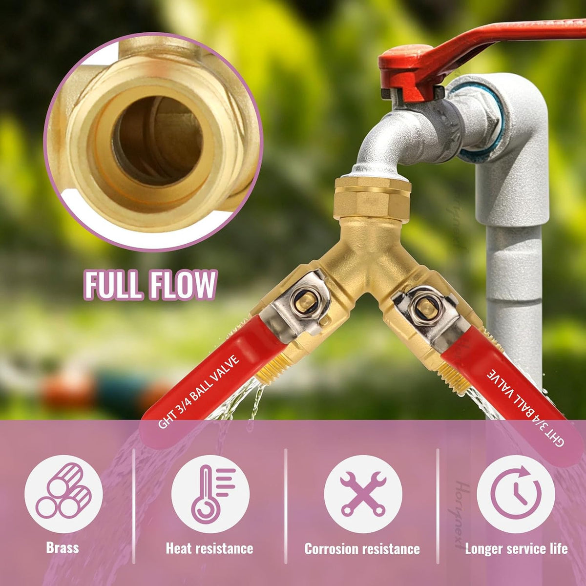 Hose Splitter 2 Way Heavy Duty, Brass Garden Hose Splitter | Full Flow Outdoor Faucet Splitter with Independent Shutoff Valves for 3/4 Inch GHT Water Spigot and Hose Bib
